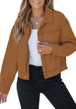 Almond Brown Women's Brief Relaxed Trucker Croped Zip Up Denim Jackets with Pockets