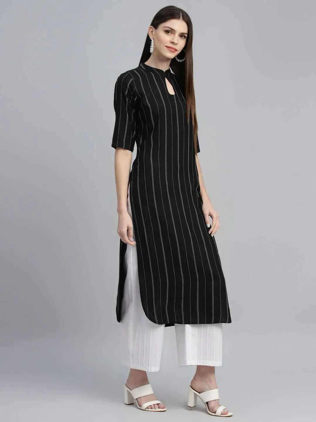 Black Striped Rayon Kurta