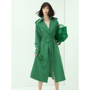 Classic Green Long Trench Coat with Buckle