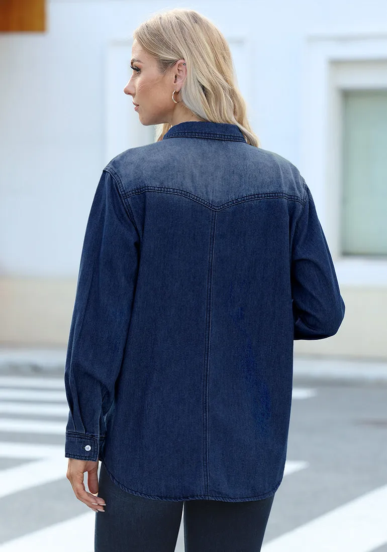 Coogee blue Women's Trendy Long Denim Jackets Oversized Shackets with Pockets