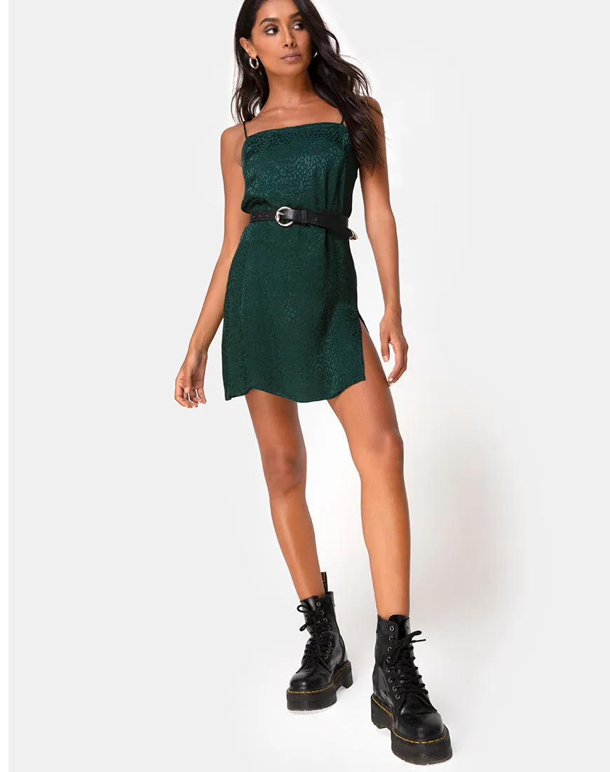 Datista Slip Dress in Satin Cheetah Forest Green