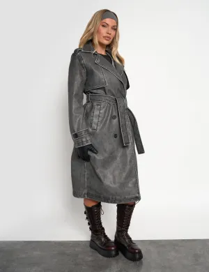 Distressed Faux Leather Long Trench Coat Dark Grey