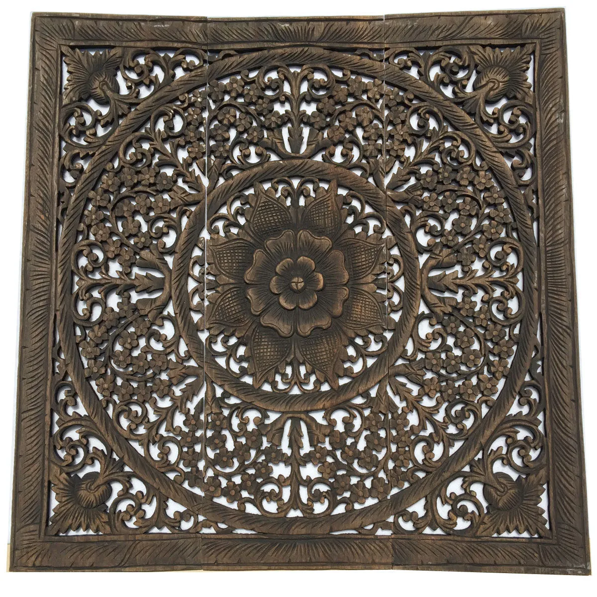 Elegant Wood Carved Wall Plaque. Wood Carved Floral Wall Art. Bali Home Decor. Asian Wood Carving Wall Art. Decorative Thai Wall Relief Panel Sculpture. 36"x36"x0.5" Available in Black Wash,Dark Brown and White