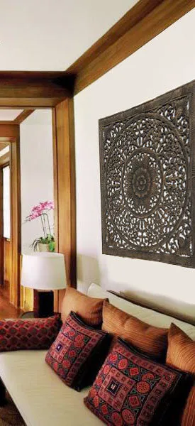 Elegant Wood Carved Wall Plaque. Wood Carved Floral Wall Art. Bali Home Decor. Asian Wood Carving Wall Art. Decorative Thai Wall Relief Panel Sculpture. 36"x36"x0.5" Available in Black Wash,Dark Brown and White