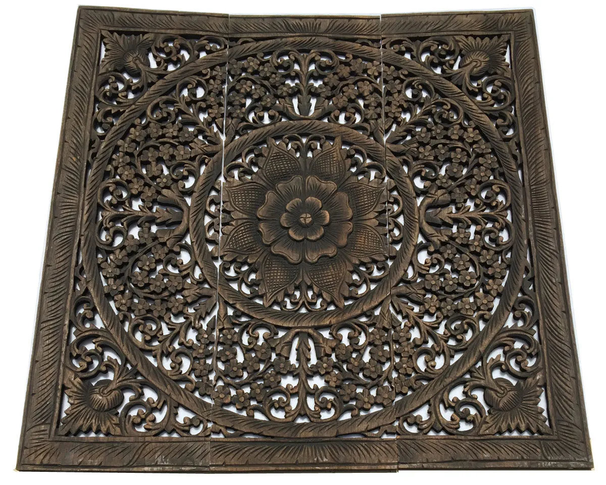 Elegant Wood Carved Wall Plaque. Wood Carved Floral Wall Art. Bali Home Decor. Asian Wood Carving Wall Art. Decorative Thai Wall Relief Panel Sculpture. 36"x36"x0.5" Available in Black Wash,Dark Brown and White