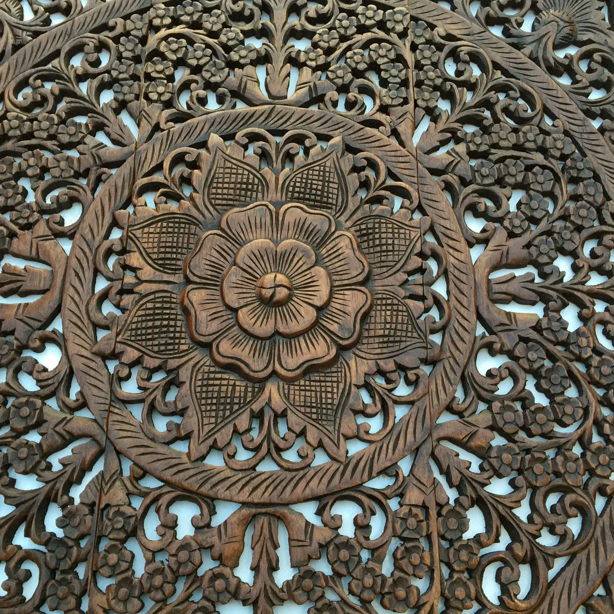 Elegant Wood Carved Wall Plaque. Wood Carved Floral Wall Art. Bali Home Decor. Asian Wood Carving Wall Art. Decorative Thai Wall Relief Panel Sculpture. 36"x36"x0.5" Available in Black Wash,Dark Brown and White