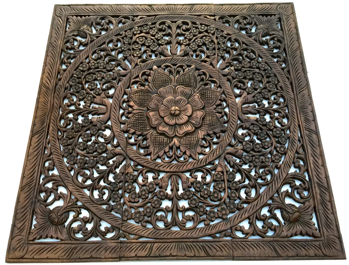 Elegant Wood Carved Wall Plaque. Wood Carved Floral Wall Art. Bali Home Decor. Asian Wood Carving Wall Art. Decorative Thai Wall Relief Panel Sculpture. 36"x36"x0.5" Available in Black Wash,Dark Brown and White