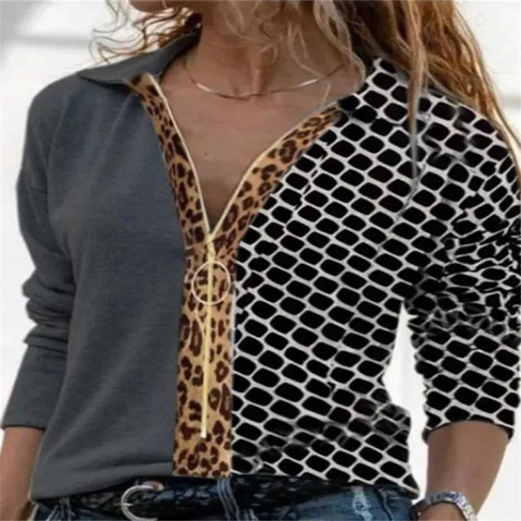 Fashion casual color-blocking printed zipper lapel color-blocking top