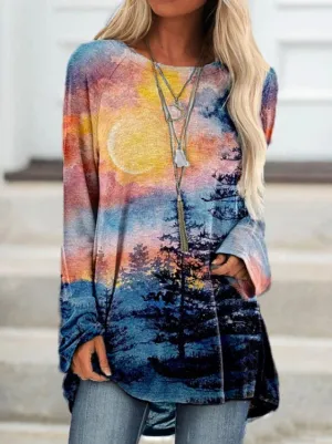 Fashion casual landscape print long-sleeved top pullover