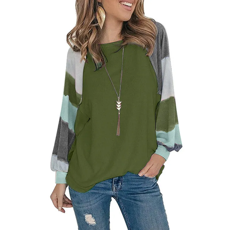 Fashion casual round neck watercolor lantern sleeve long sleeve top