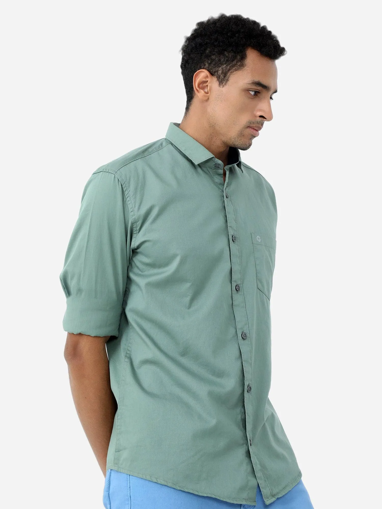 Green Solid Cotton Full Sleeve Shirt