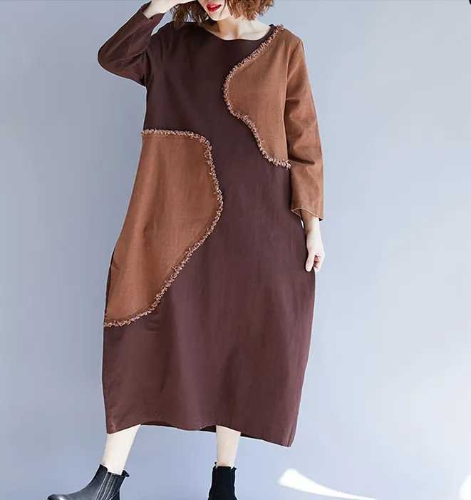 Irregular Applique Fall Cotton Linen Dresses Casual Women Dresses SSM97215