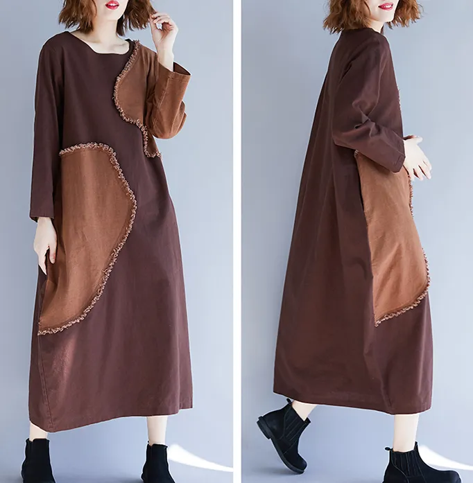 Irregular Applique Fall Cotton Linen Dresses Casual Women Dresses SSM97215