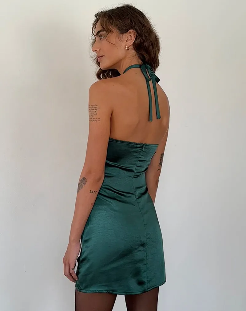 Isolda Satin Halterneck Mini Dress in Forest Green with Rosette