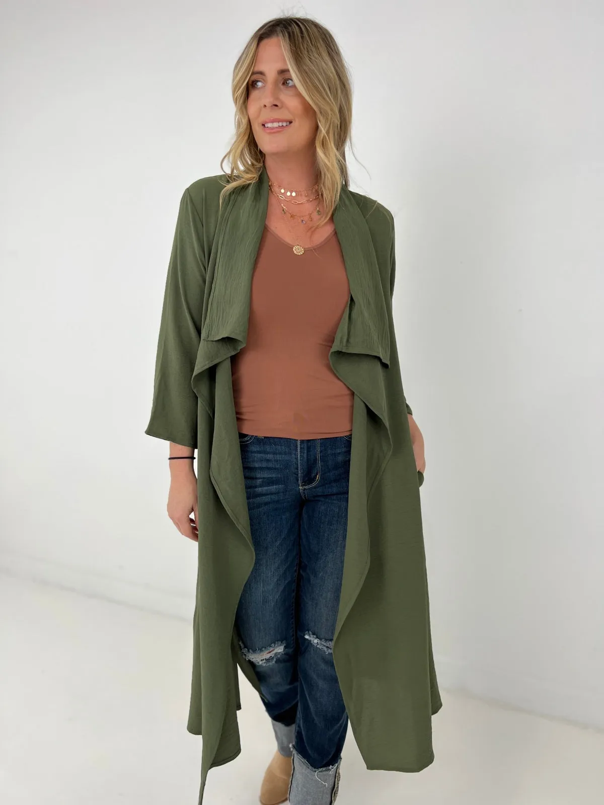 Jade By Jane Draped Front Long Body Jacket