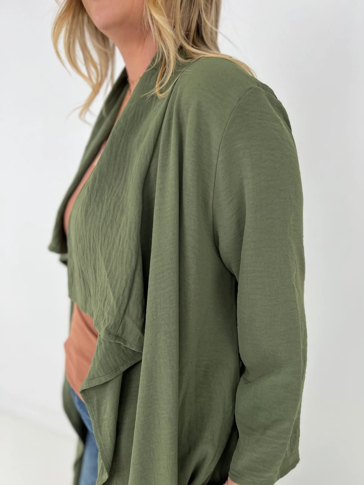 Jade By Jane Draped Front Long Body Jacket