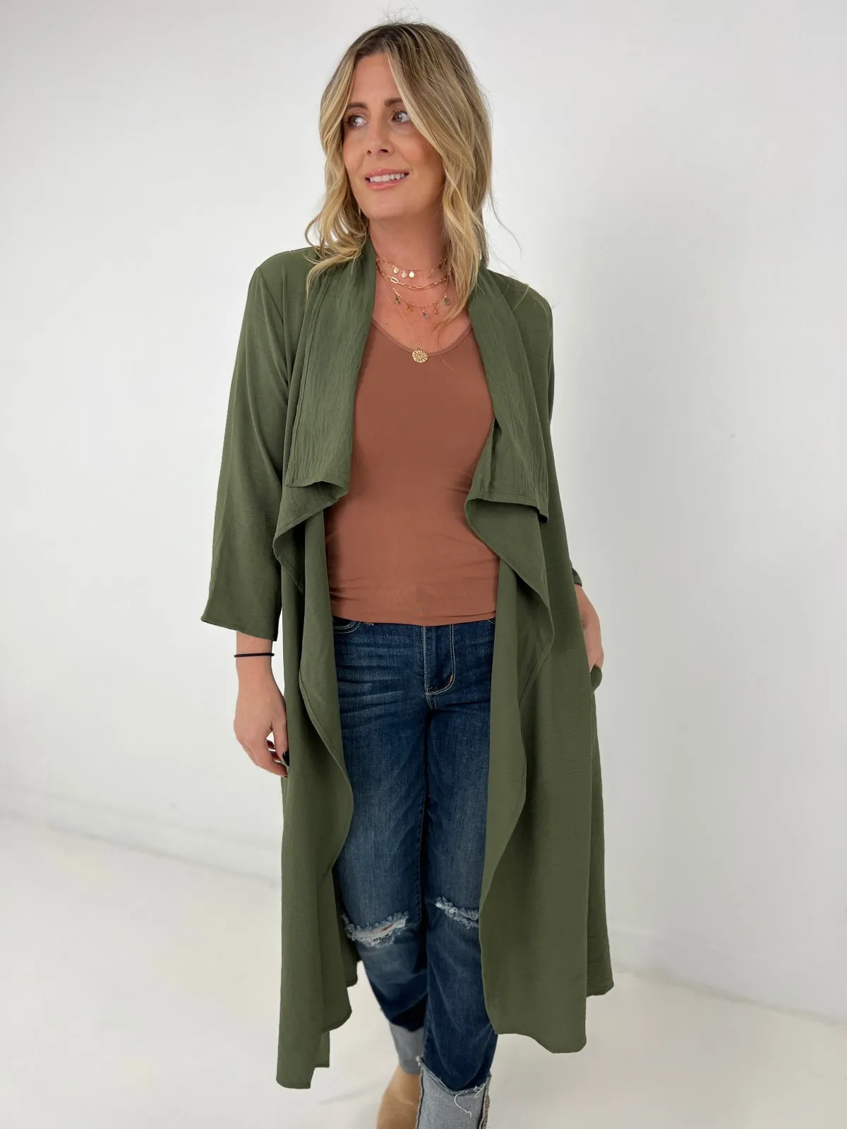 Jade By Jane Draped Front Long Body Jacket