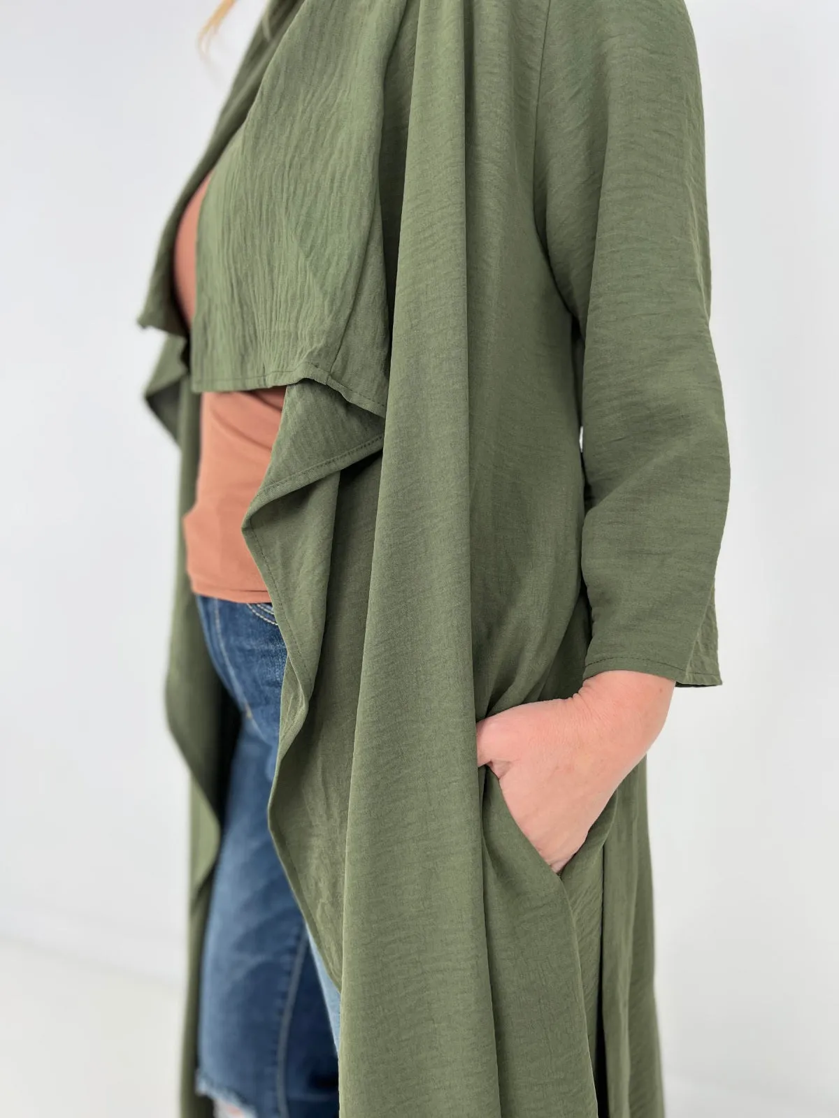 Jade By Jane Draped Front Long Body Jacket