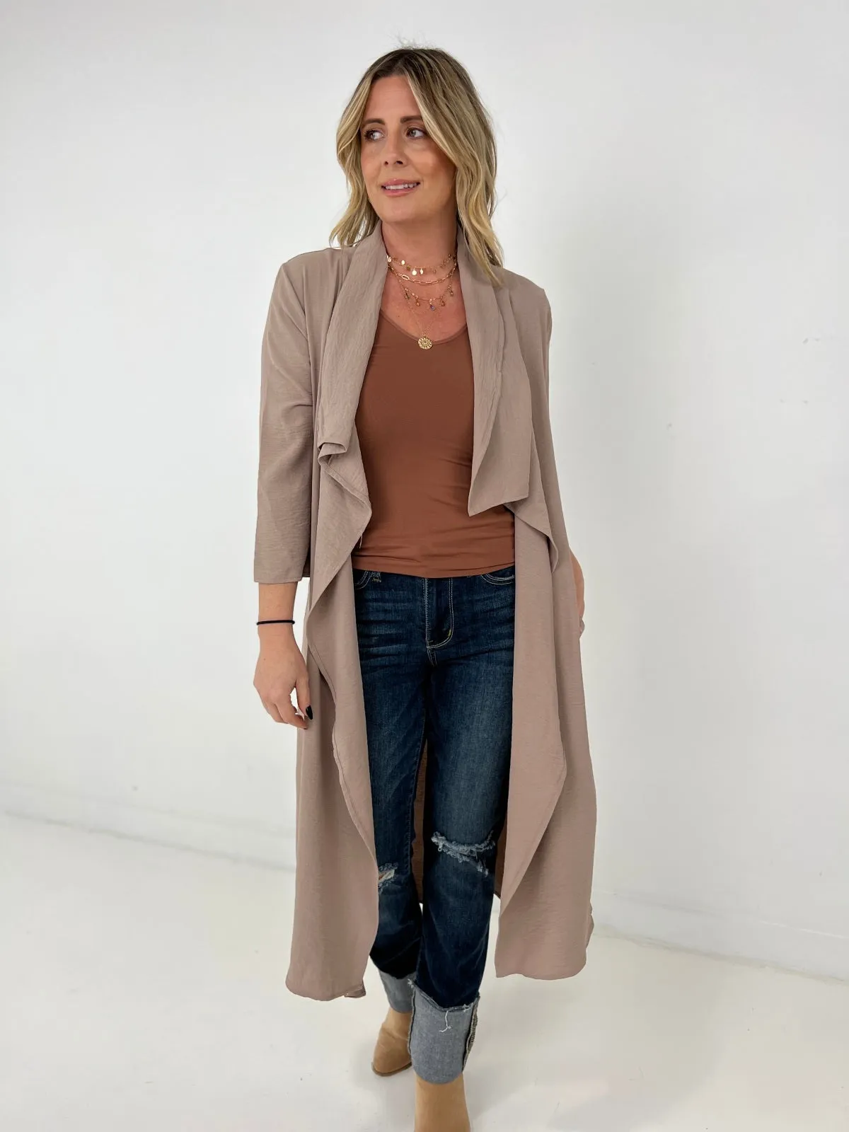 Jade By Jane Draped Front Long Body Jacket