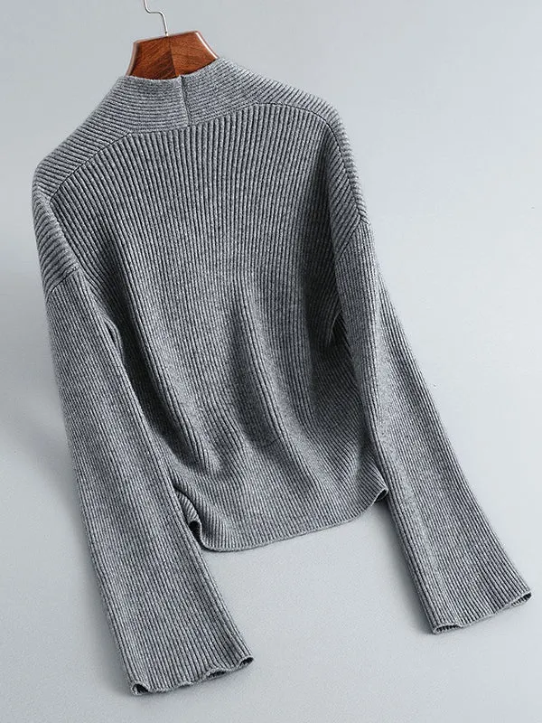 Long Sleeves Asymmetric Solid Color V-Neck Knitwear Pullovers Sweater