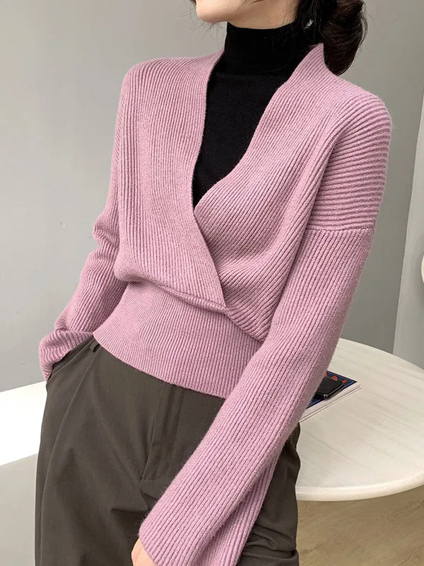 Long Sleeves Asymmetric Solid Color V-Neck Knitwear Pullovers Sweater