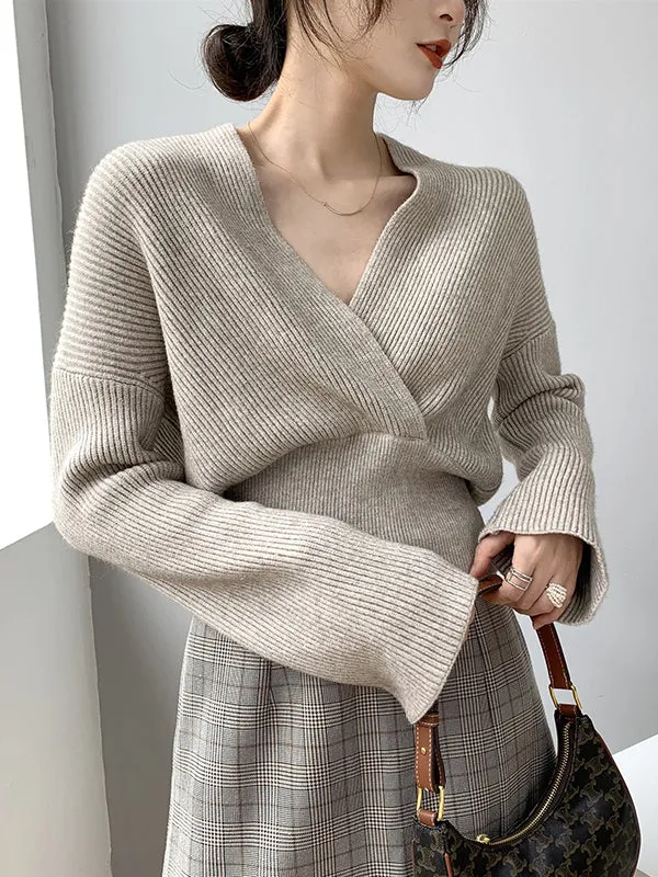 Long Sleeves Asymmetric Solid Color V-Neck Knitwear Pullovers Sweater