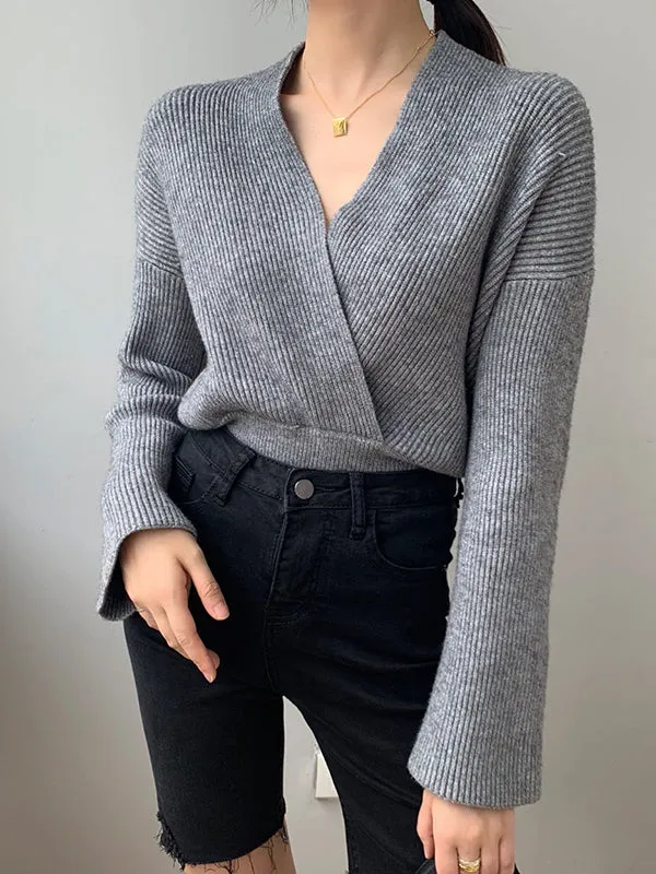 Long Sleeves Asymmetric Solid Color V-Neck Knitwear Pullovers Sweater