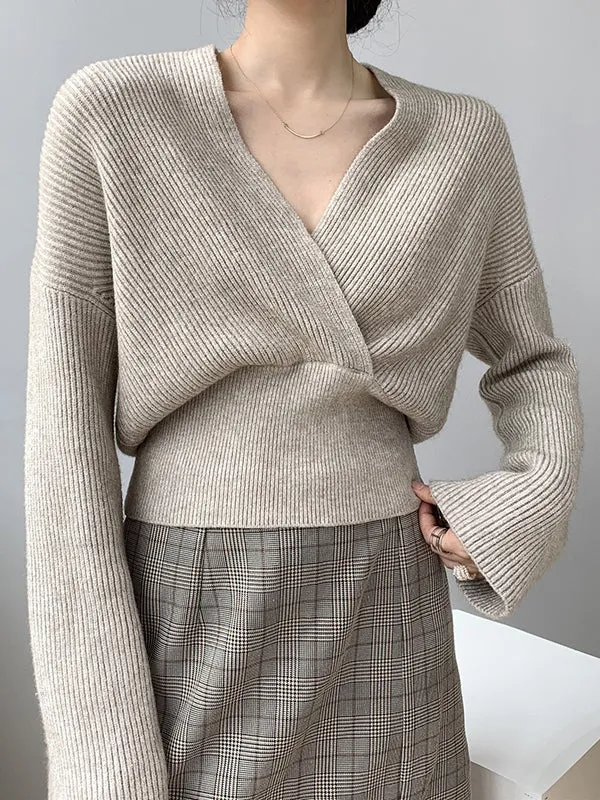 Long Sleeves Asymmetric Solid Color V-Neck Knitwear Pullovers Sweater