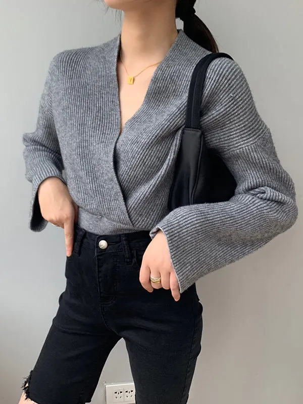 Long Sleeves Asymmetric Solid Color V-Neck Knitwear Pullovers Sweater