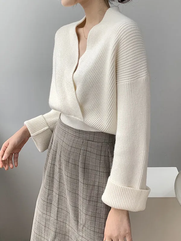 Long Sleeves Asymmetric Solid Color V-Neck Knitwear Pullovers Sweater