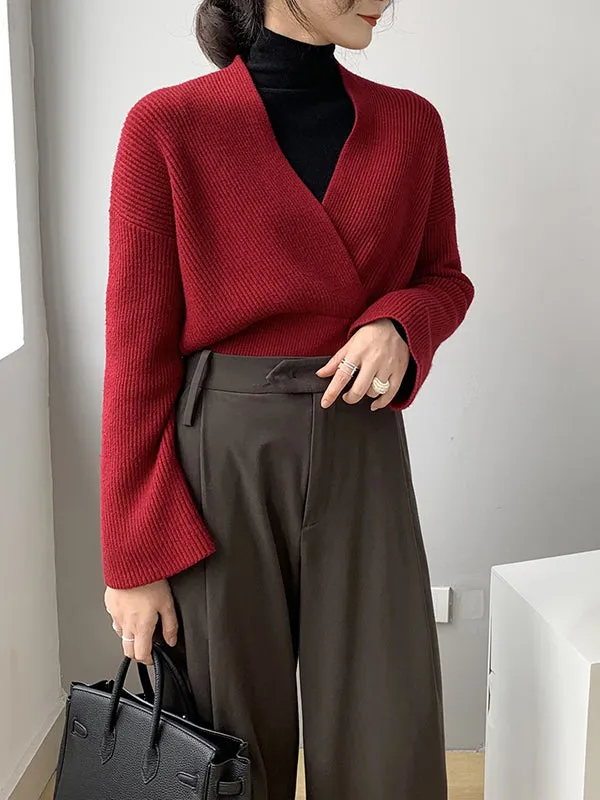 Long Sleeves Asymmetric Solid Color V-Neck Knitwear Pullovers Sweater