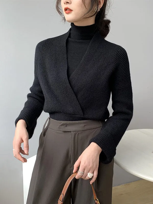 Long Sleeves Asymmetric Solid Color V-Neck Knitwear Pullovers Sweater