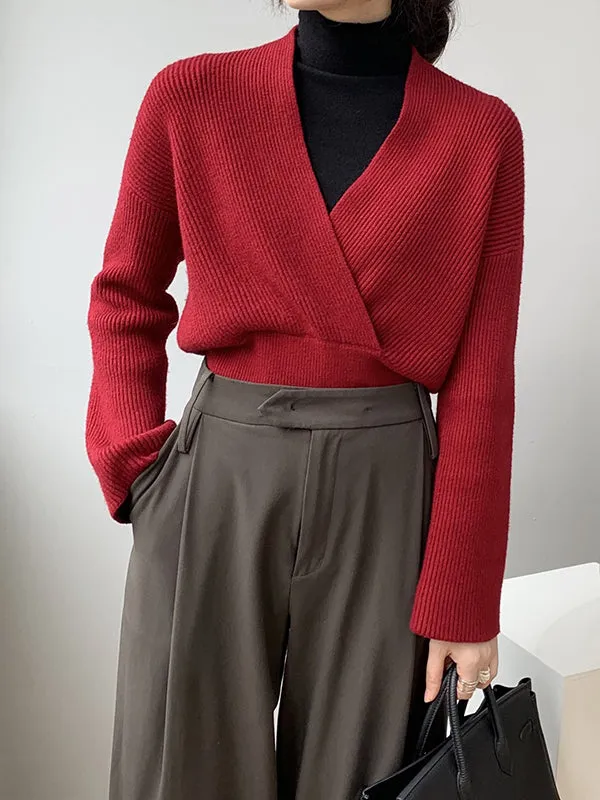 Long Sleeves Asymmetric Solid Color V-Neck Knitwear Pullovers Sweater