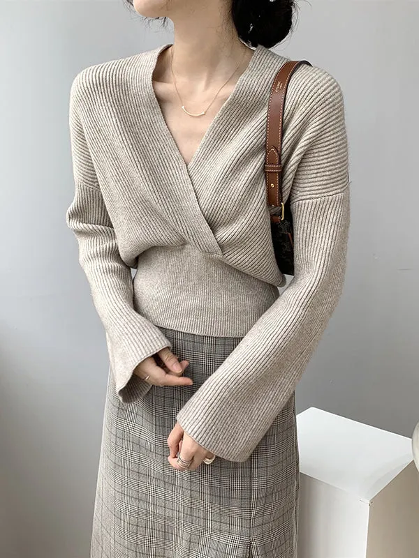 Long Sleeves Asymmetric Solid Color V-Neck Knitwear Pullovers Sweater