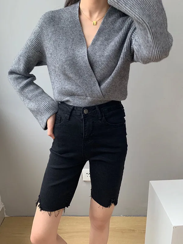 Long Sleeves Asymmetric Solid Color V-Neck Knitwear Pullovers Sweater