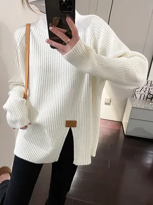 Long Sleeves Loose Split-Front Mock Neck Pullovers Sweater Tops