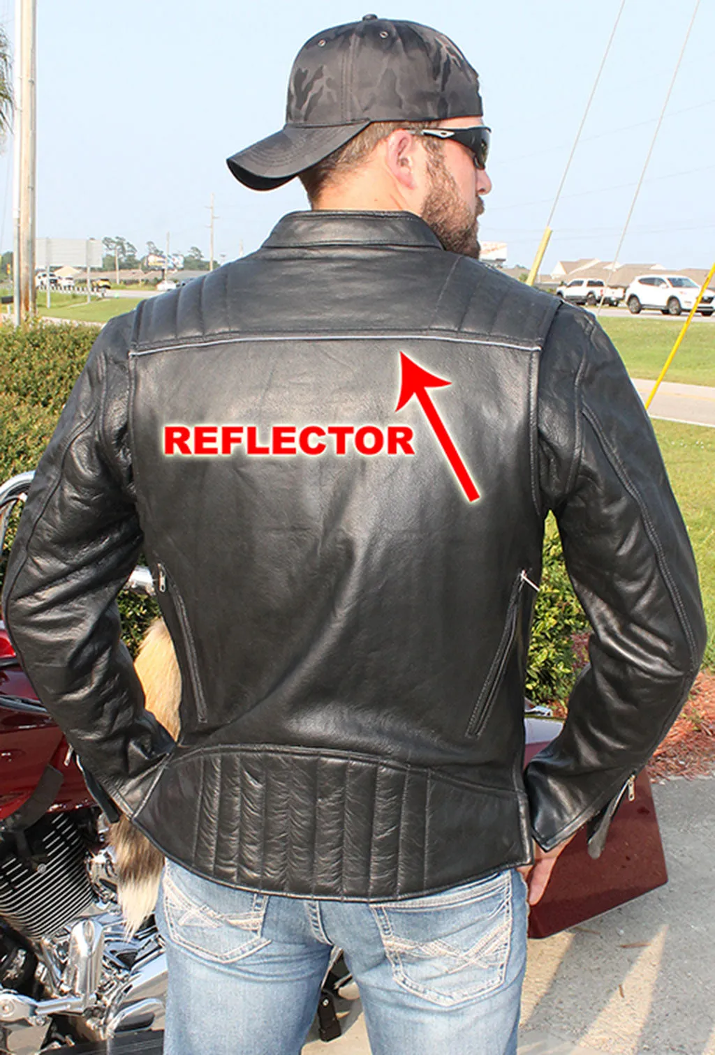 Men's Ribbed Shoulder Leather Motorcycle Jacket #M5760GQZK ()