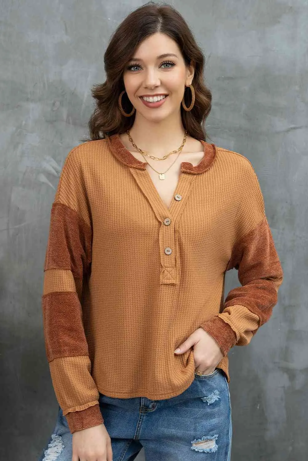 Notched Neck Waffle-Knit Blouse