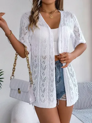 Pointelle Front Summer Open Sleeve Knit Spring Solid Color Short Blouse