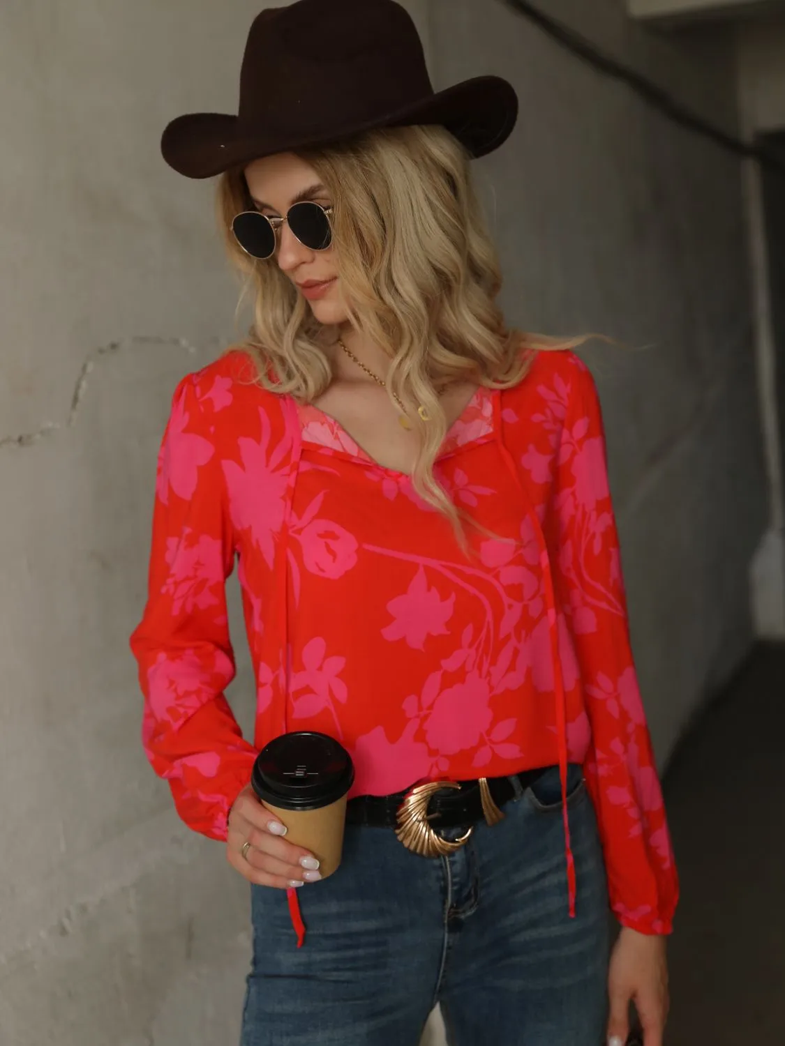 Printed Tie Neck Long Sleeve Blouse