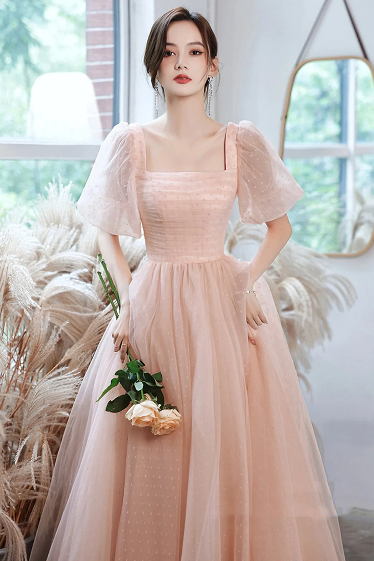 solvbao Pink Tulle Long Prom Dresses, A-Line Evening Dresses