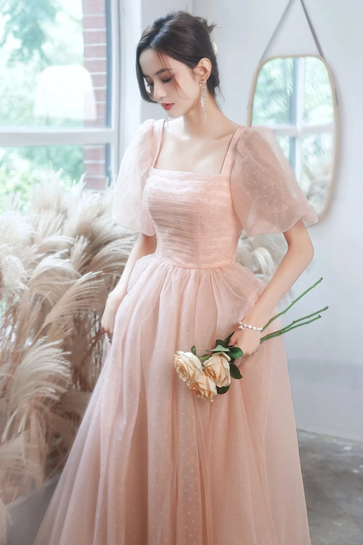 solvbao Pink Tulle Long Prom Dresses, A-Line Evening Dresses