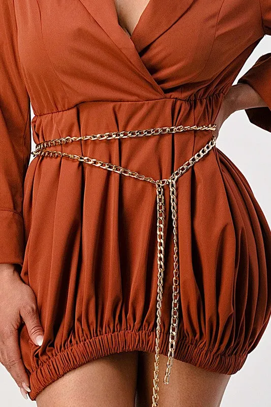 TEEK - Terracotta Trench Dress with Gold Chain Belt