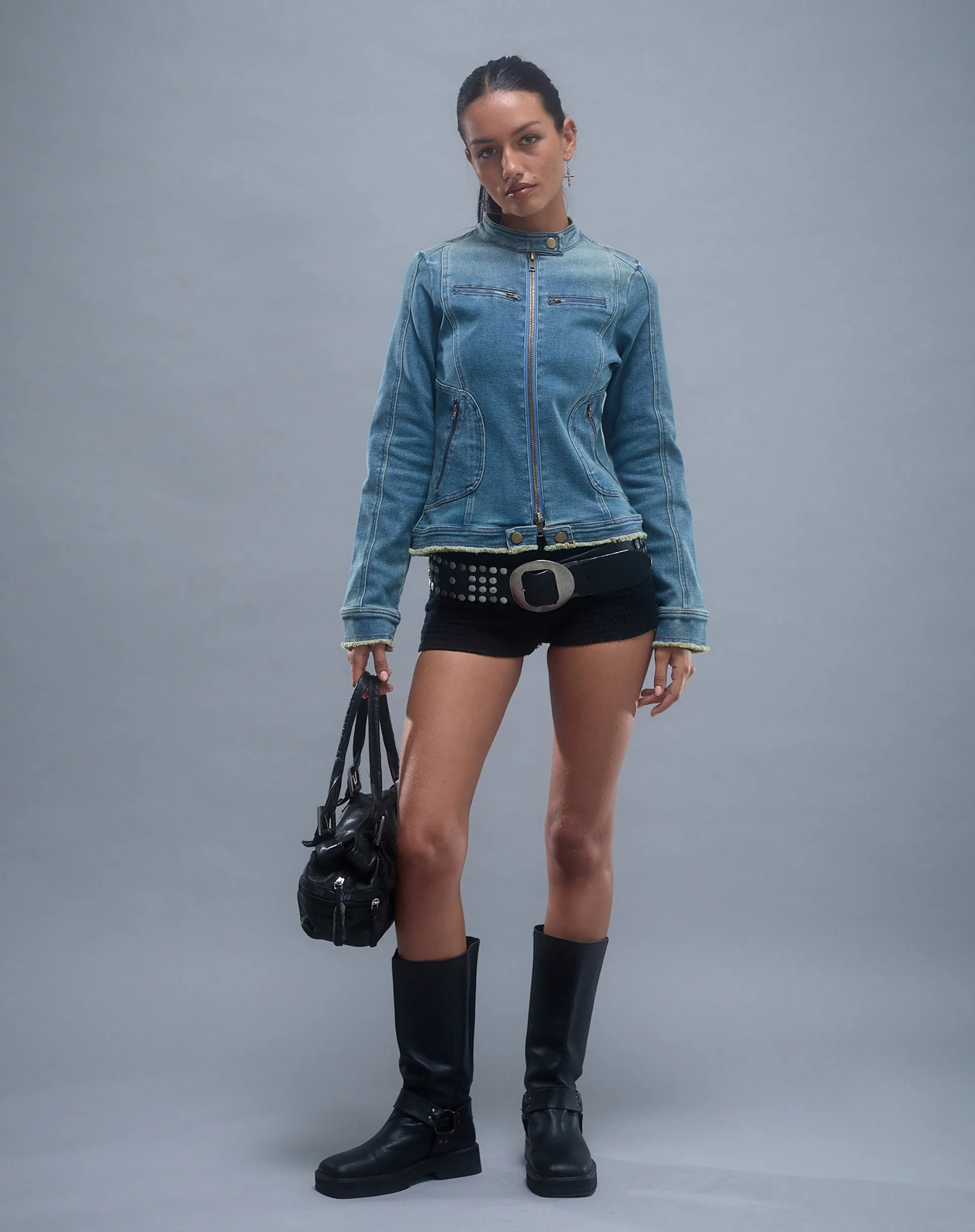 Zayn Fitted Biker Jacket in Vintage Blue Denim